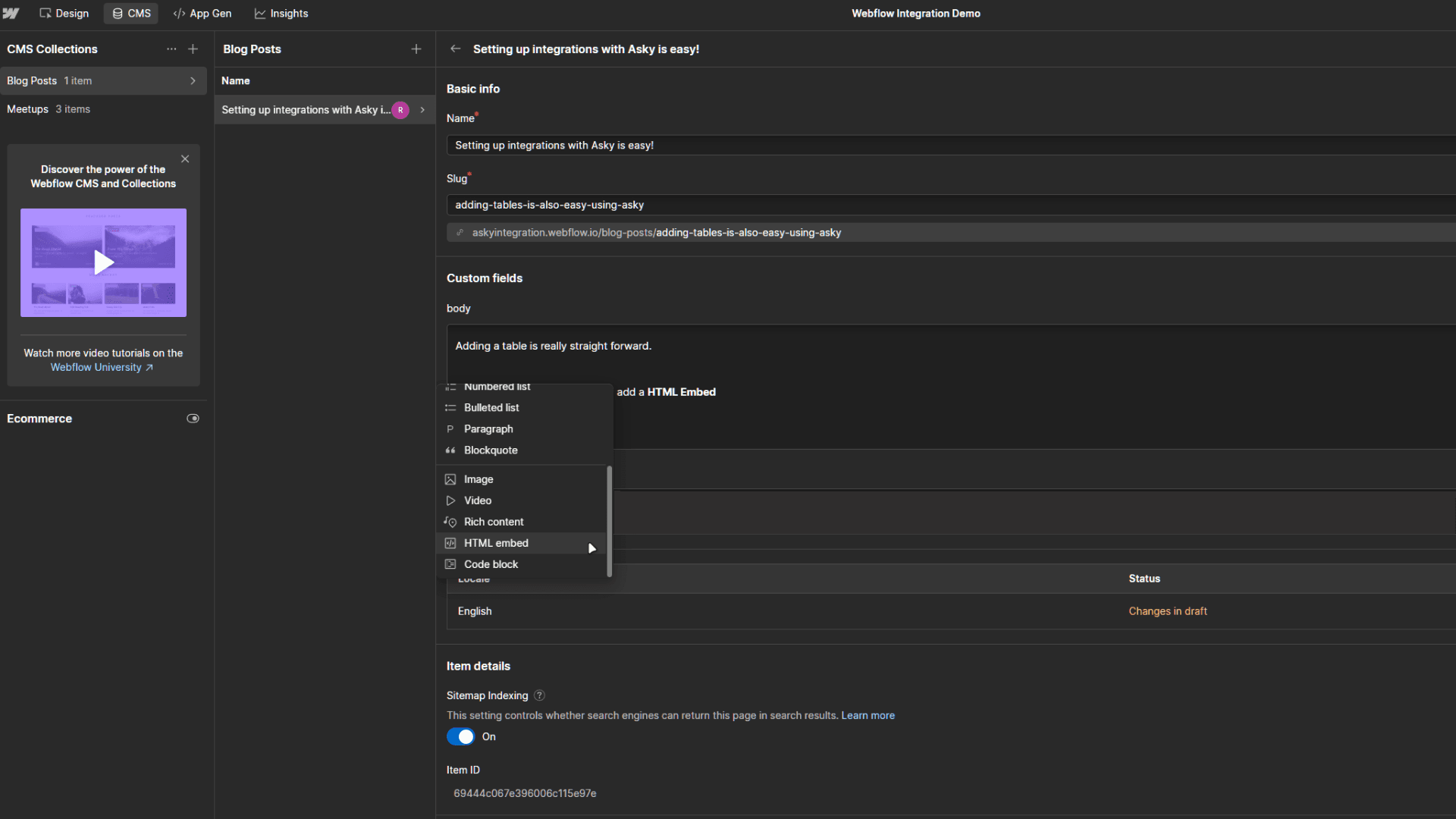 Rich text + menu opened with the HTML Embed option highlighted