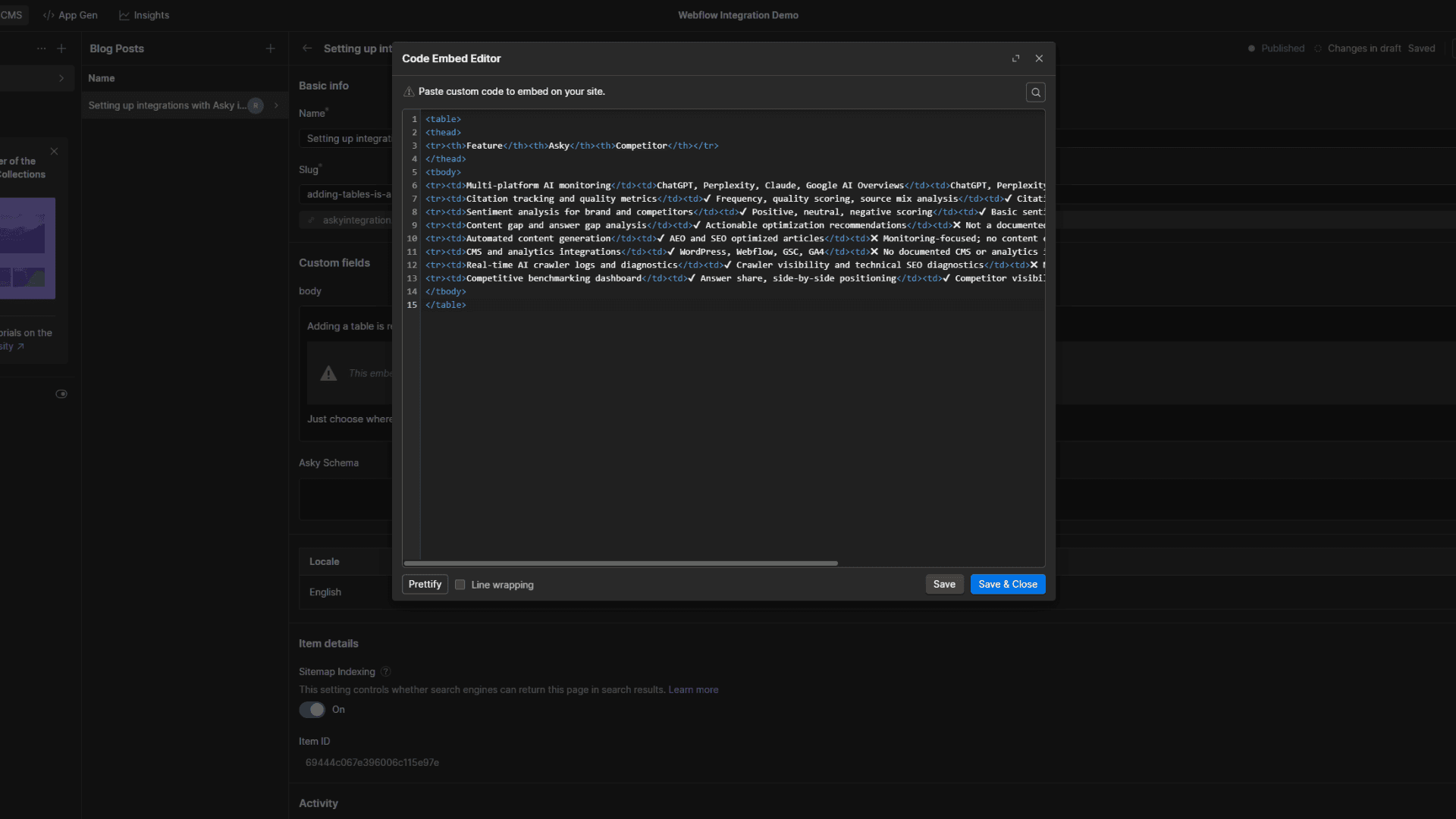 Custom Code editor with the pasted table HTML and Webflow's rendered preview below it