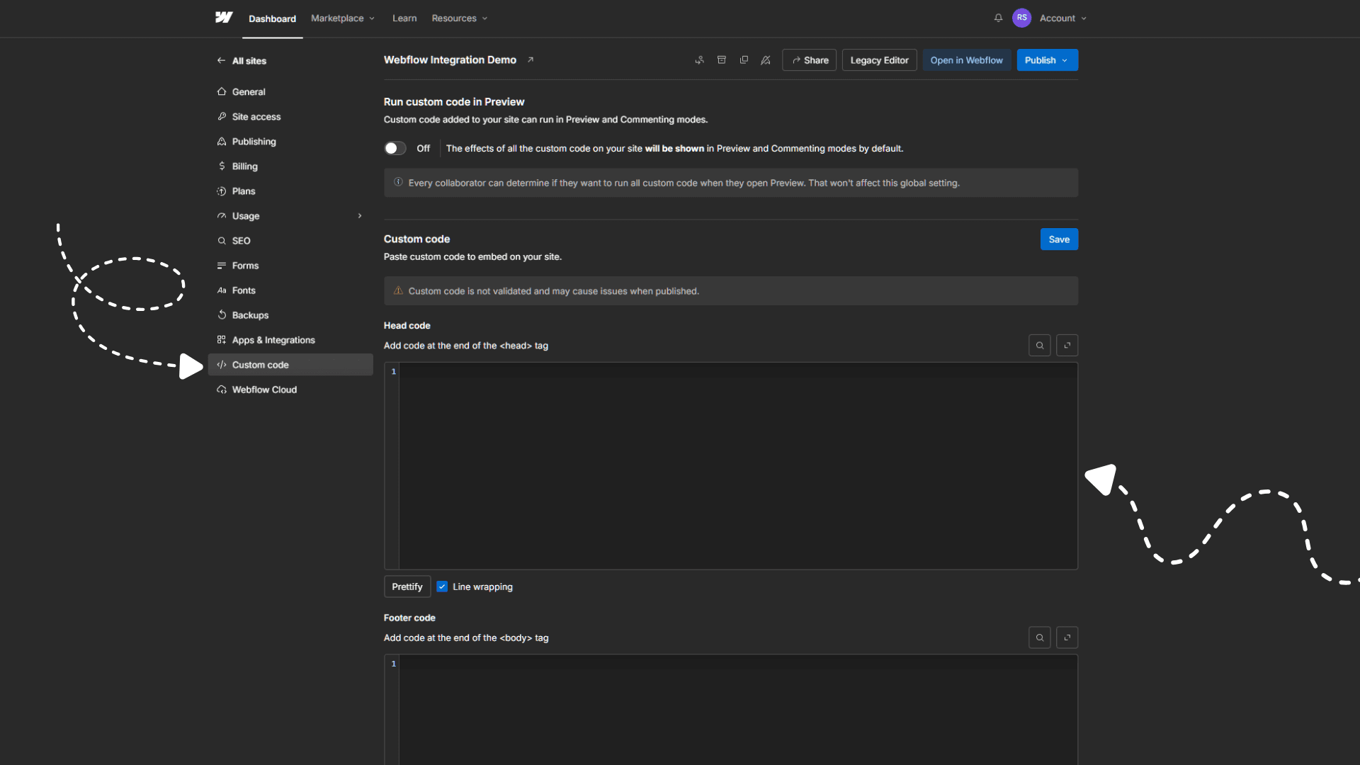 Webflow Site Settings with the Custom Code tab selected and the Head Code textarea visible