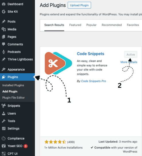 WordPress plugin browser with the Code Snippets plugin shown in search results