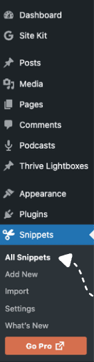 WordPress admin sidebar with the Snippets menu opened to All Snippets