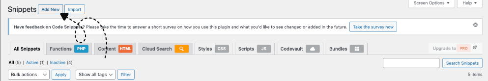 All Snippets page with the Add New button highlighted