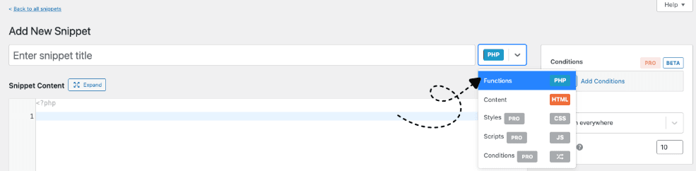 Add New Snippet form with the snippet type selector showing PHP / Functions, HTML, CSS, JS options