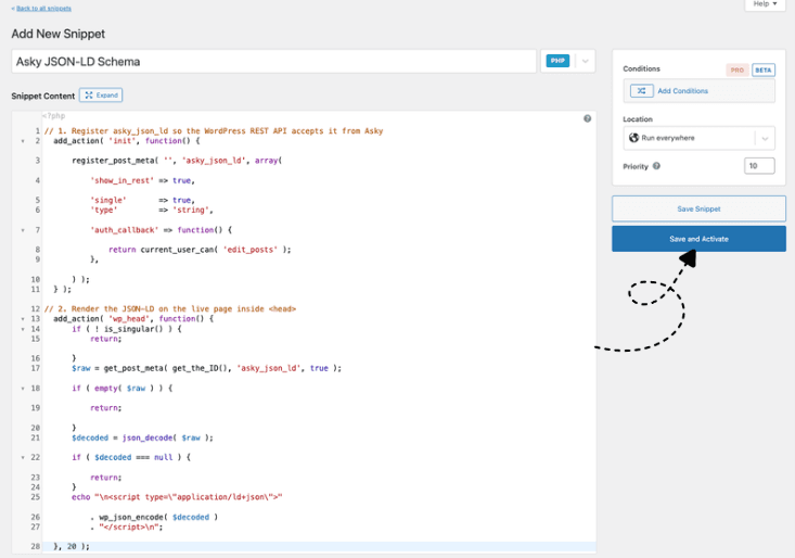 Completed snippet with name "Asky JSON-LD Schema", PHP code pasted, Location set to "Run everywhere", and the Save and Activate button highlighted