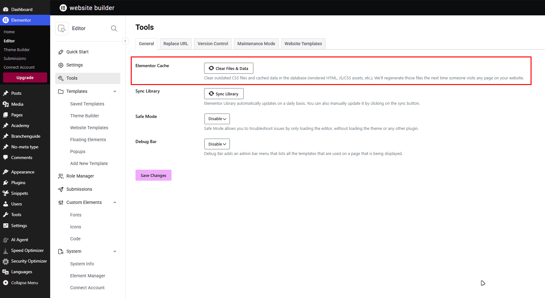 The Elementor Tools page in WordPress, with the Elementor Cache section and its Clear Files & Data button highlighted