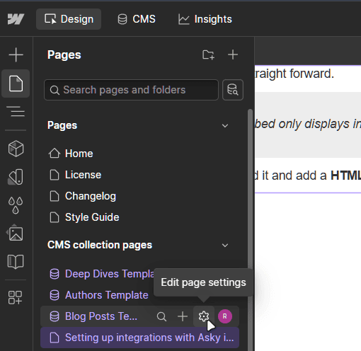 Webflow Pages panel with the Collection Template highlighted