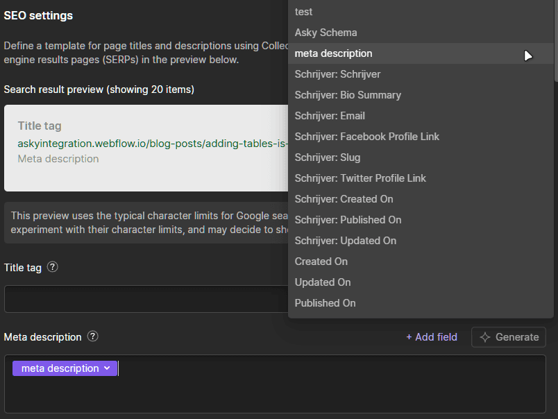 Webflow SEO Settings Description field with the Add Field dropdown open